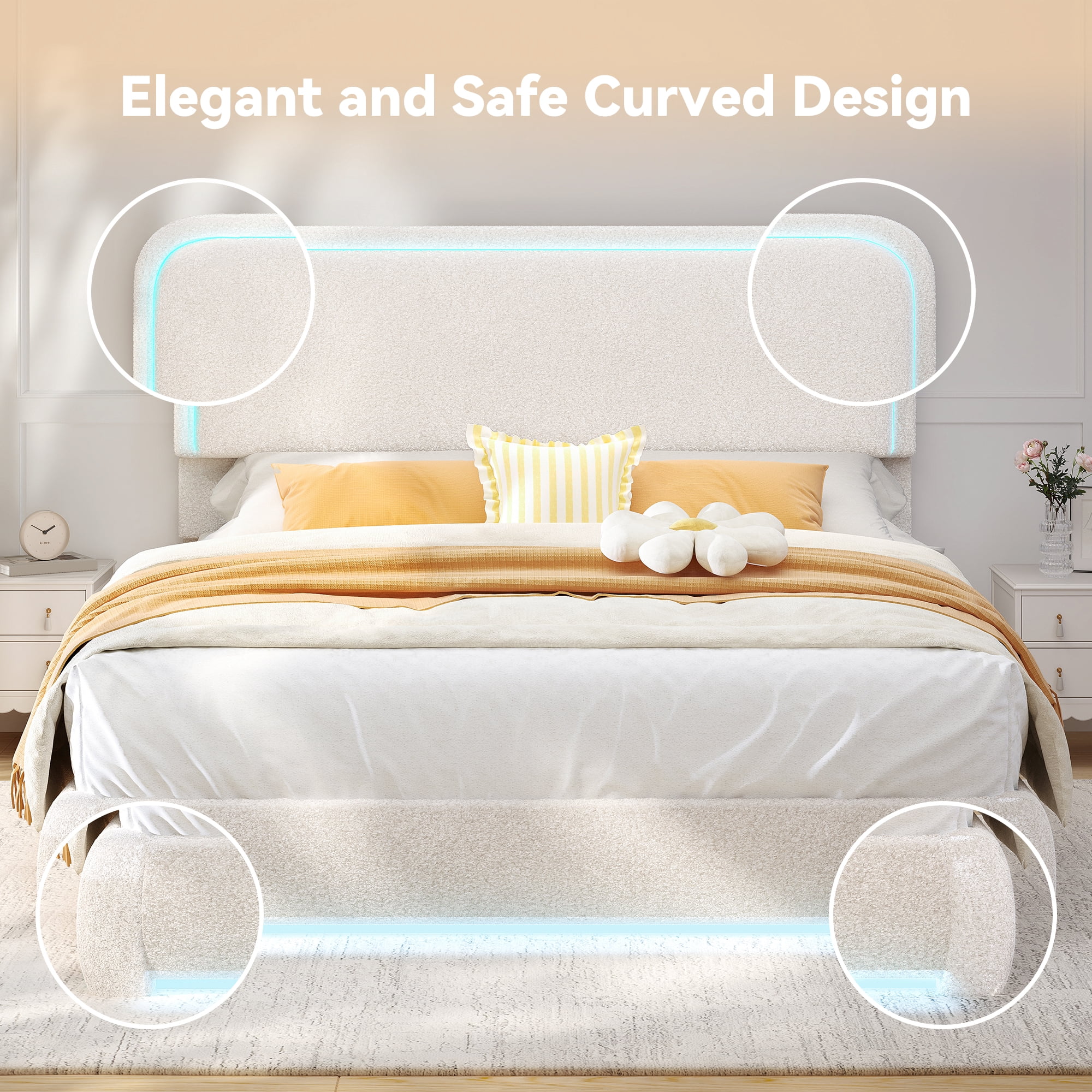 SIBEDS Queen LED Bed Frame, Teddy Fleece Upholstered Platform Bedframe, No Box Spring Needed, Cream