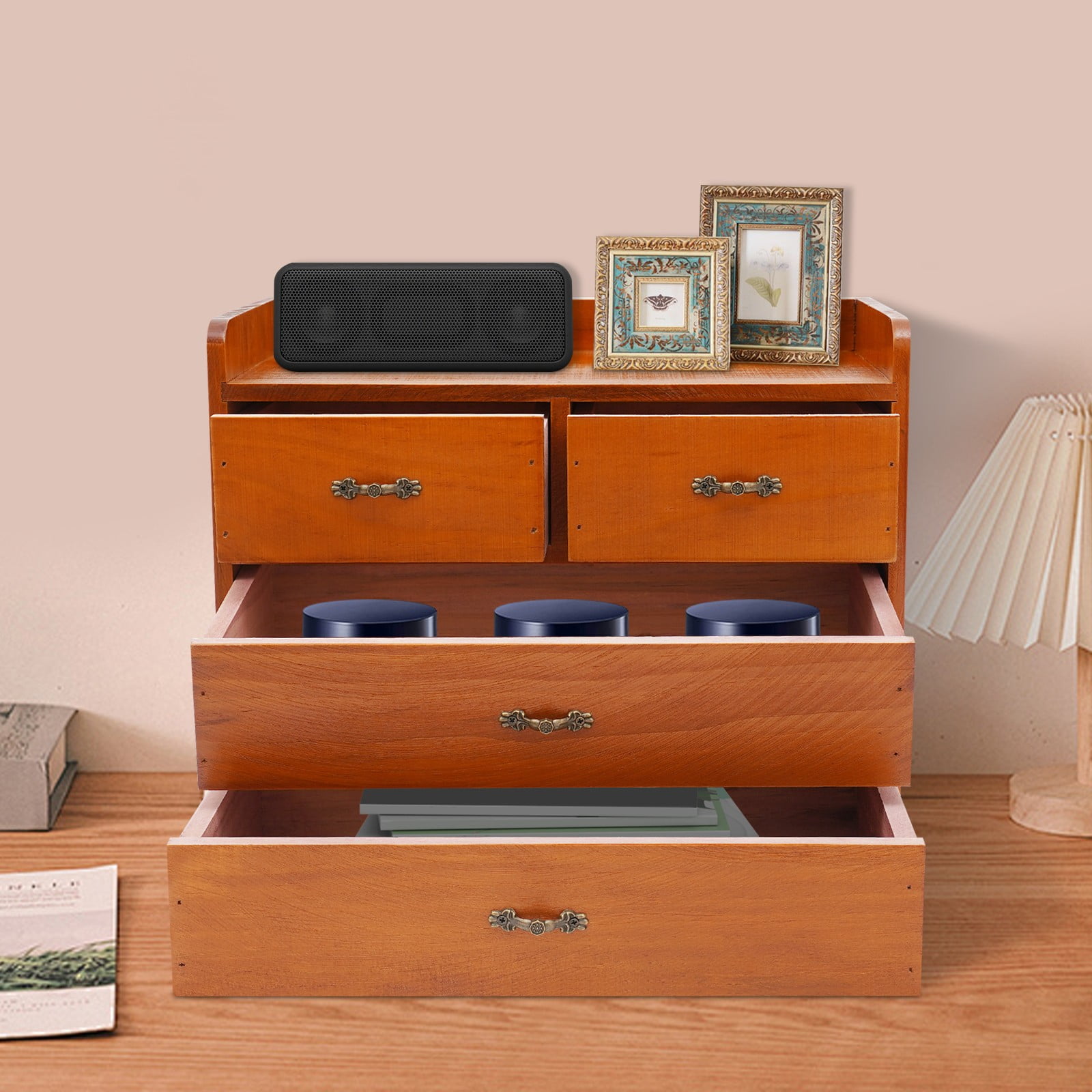 Wooden Desktop Organizer with 4 Drawers, Vintage Apothecary Style Office Organization Storage Cabinet, Tabletop Drawer Organizers for Supplies, Desk Accessories, Wood Tool Chest, Tea Cabinet