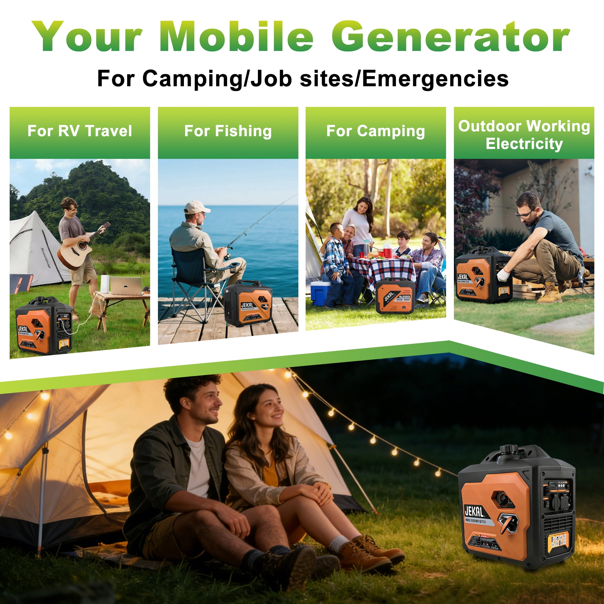 2500W Inverter Generator, 121.6cc 4-Stroke OHV Engine, Quiet Portable Gas Propane Powered with CO Sensor and RV Ready Outlet for Home Backup, Camping & Tailgating