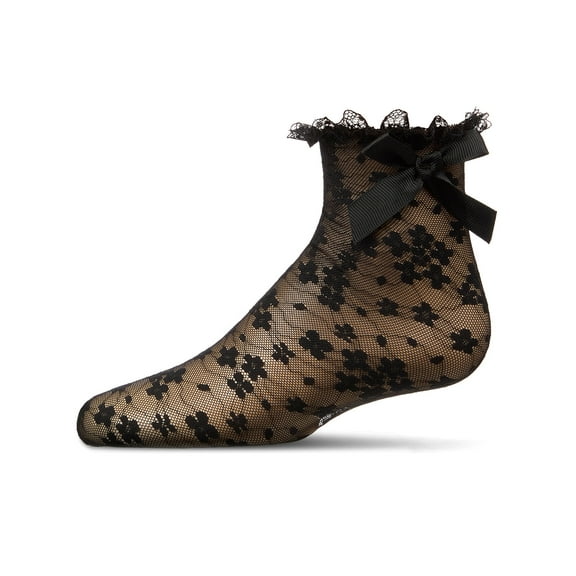 MeMoi Girls Floral Lace Bow Trim Ankle Sock - Girls - Female, 4, Black