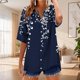 thumbnail image 1 of Xuyuer Linen-Look Printed V-Neck 3/4 Sleeve Shirt - Women's Roll-Tab Sleeve Blouse for Coastal Weekend Getaways, Art Gallery Openings, and Effortlessly Tailored Bohemian Chic Top, 1 of 5