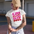 thumbnail image 2 of Kind Heart, Brave Soul Quote, Groovy Retro Wavy Text Merch Gift, Heather Grey T-Shirt, Medium, 2 of 5