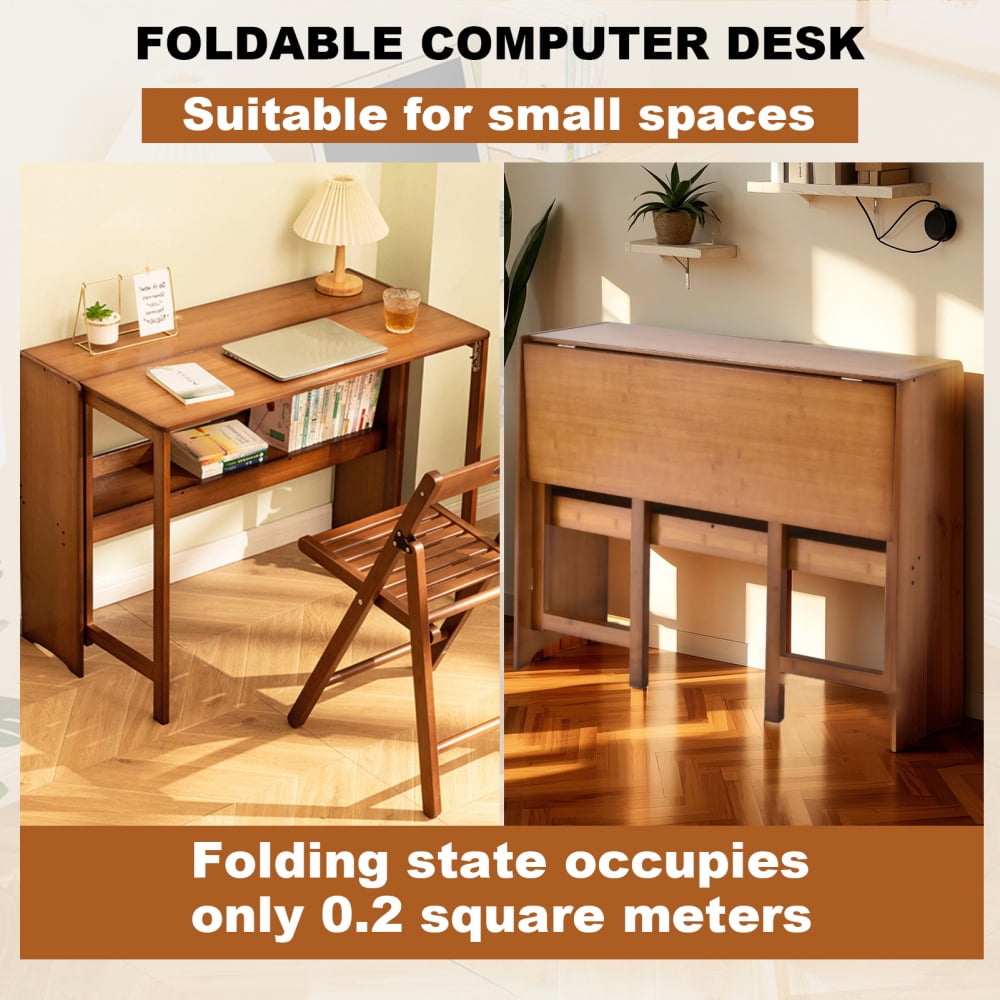 Mid-Century Modern Folding Desk, 40 in Bamboo Computer Table for Home Office, Bedroom, and Studio Spaces (Brown)