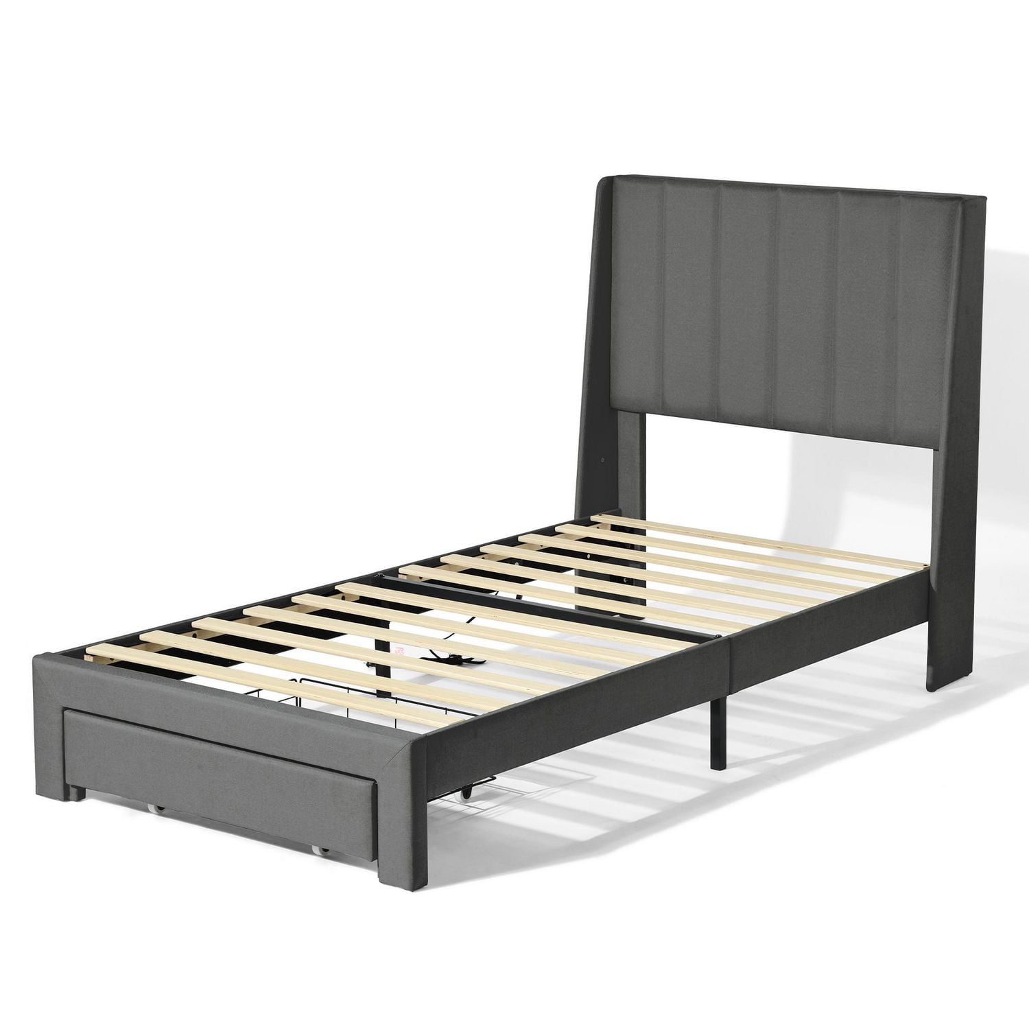 Ensemble de lit pour enfant Homy Casa avec tête de lit rembourrée, support à lattes en bois, ports de chargement USB et tiroirs de rangement.