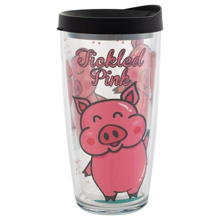 

Signature Tumblers Tickled Pink Happy Pig on Clear 16 Ounce Double-Walled Travel Tumbler Mug with Black Easy Sip Lid