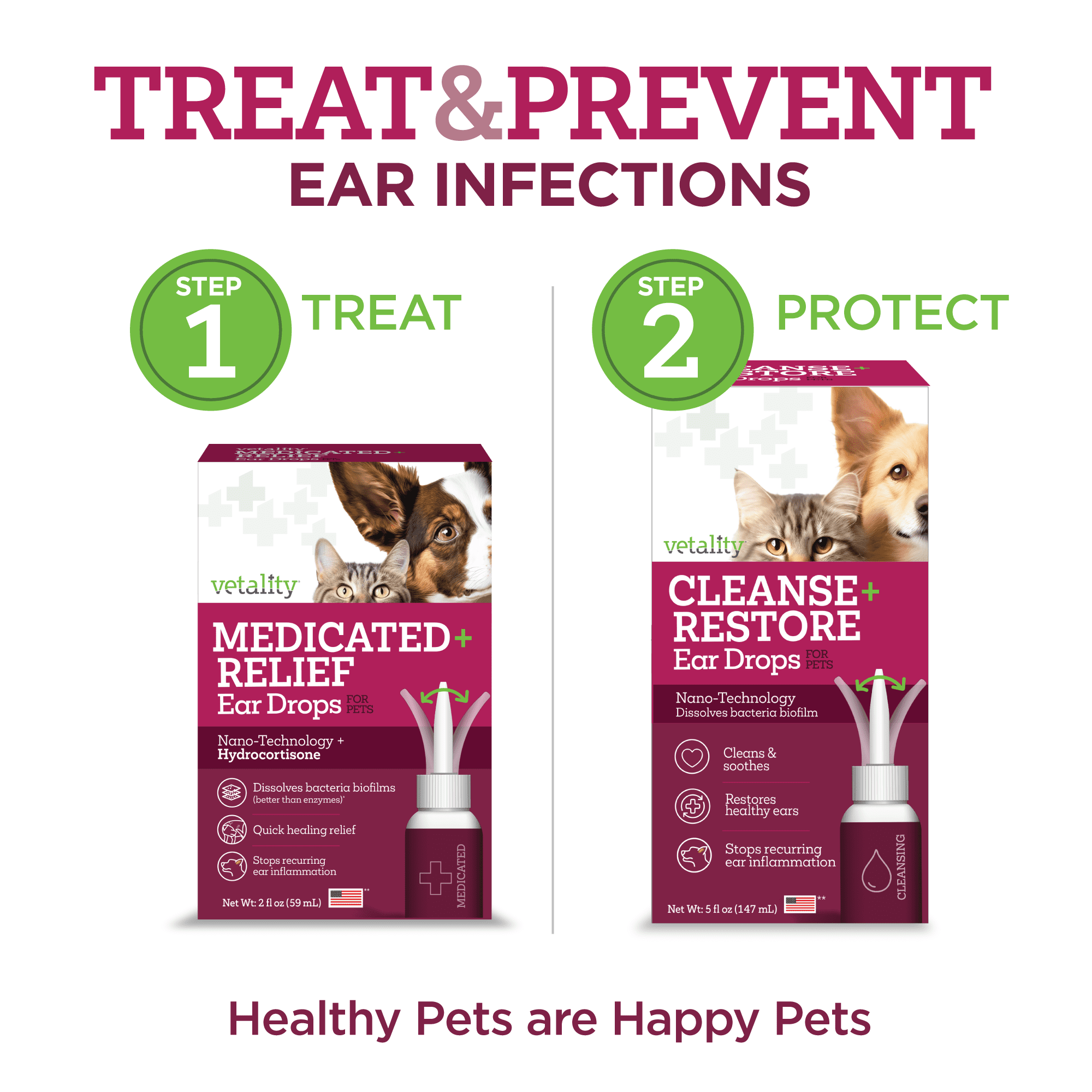 Vetality Medicated Otic Ear Care Liquid and Cleaner with Hydrocortisone for Dog, 2 fl oz Bottle