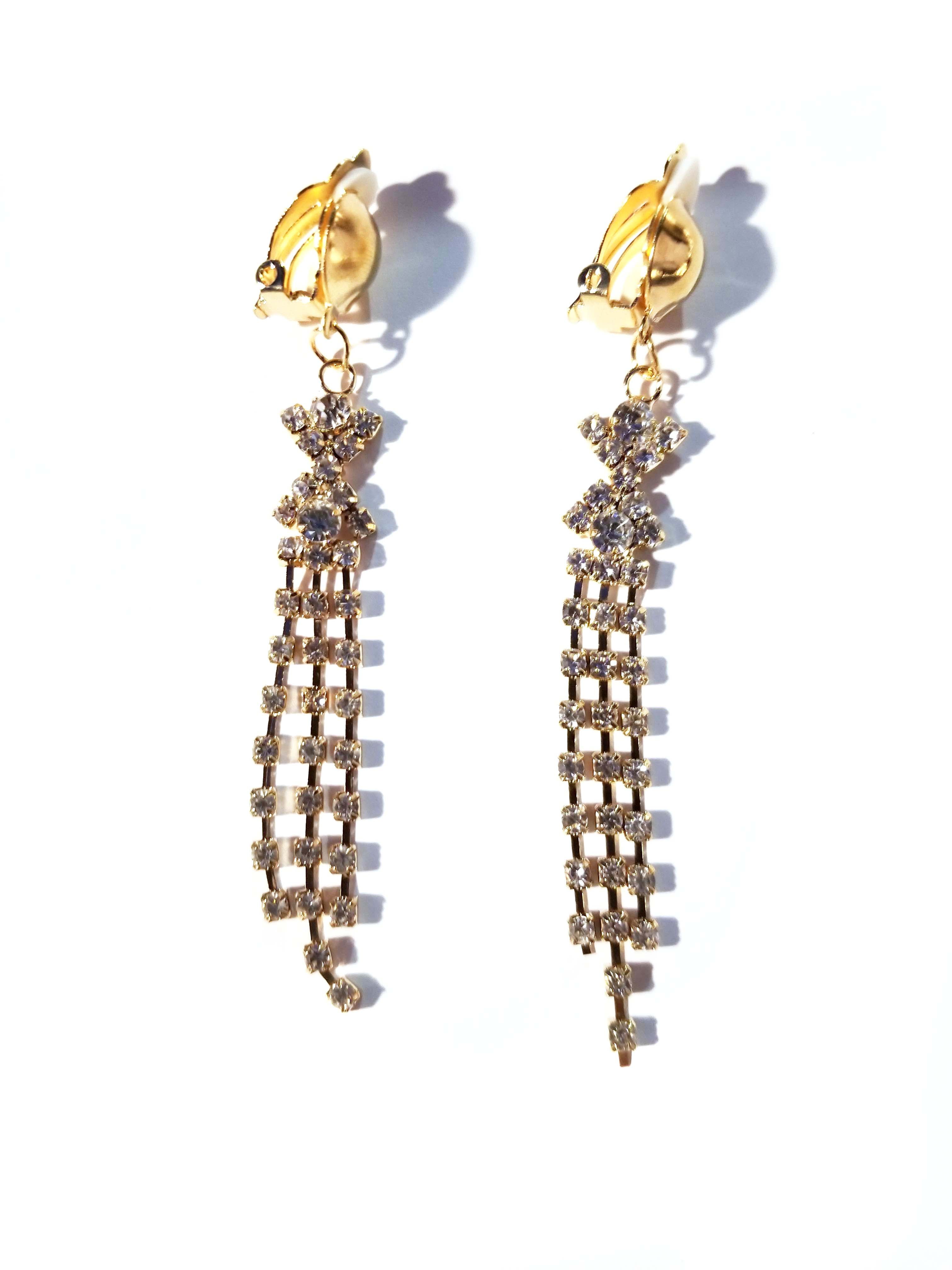 Clipon Earrings Dangle Rhinestone Gold tone Earrings