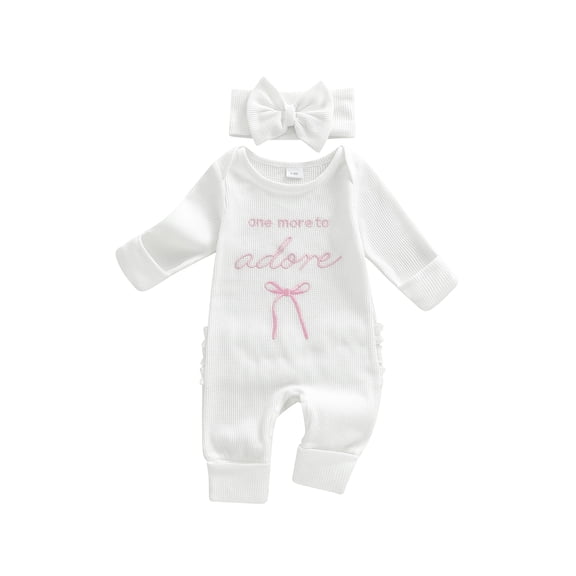 BemeyourBBs Baby Girls Clothes One More To Adore Embroidery Romper Bow Waffle Knit Ruffled Newborn Infant Winter Fall Spring Outfit with Headband