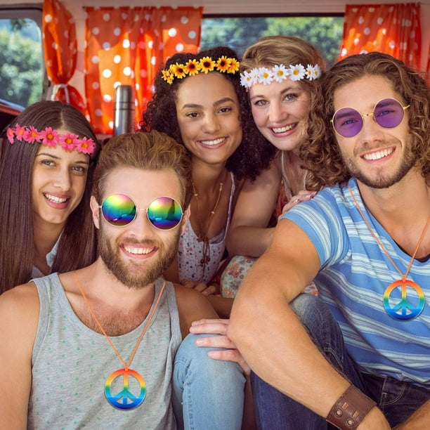 6 Pieces Hippie Costume Accessories Set 60s 70s Tie Dye Headband Sunflower  Crown Hippie Sunglasses Rainbow Peace Sign Necklace And Earrings For Women  Men Hippie Party Supplies