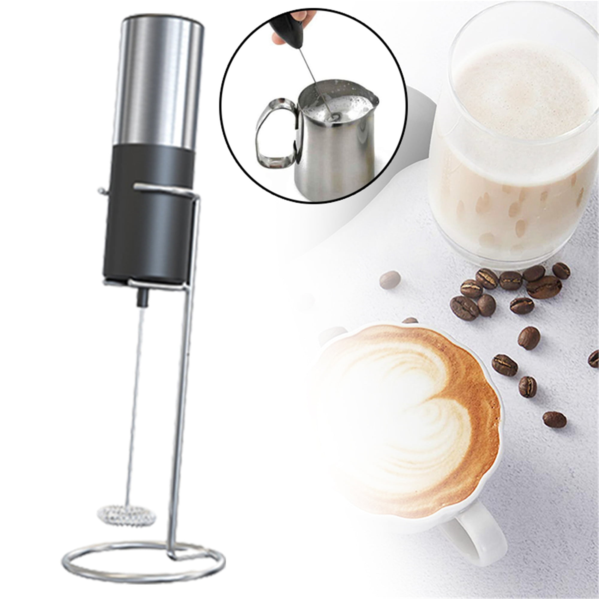 Double whisk Milk Frother Handheld electric mixer, Egg Beater , Foam Maker  for Coffee, Latte, and Cappuccino , matcha whisk Drink Mixer, kitchen  gadgets, with stand. BENTRONIC (silver) 