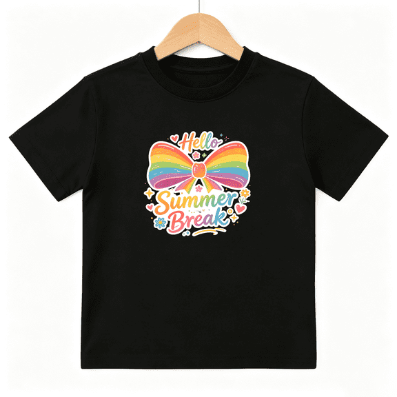 Hello Summer Break Rainbow Bow Girls Graphic Tee, Cute Holiday 100% Cotton Kids Short Sleeve T-Shirt