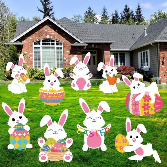 9 PCS Easter Yard Signs Easter Bunny Outdoor Sign with Stakes Bunny Egg Garden Sign Plastic Rabbit Lawn Decorations for Outdoors Garden Yard Hunt Game Props Party Decor