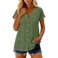 thumbnail image 3 of Ichuanyi Women's V-Neck Short Sleeve Shirt With Button Placket And Collar, Army Green, L, 3 of 9