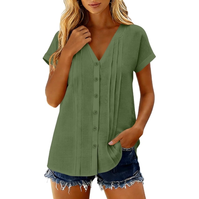 Camisetas de Manga Corta Extra Larga para las Mujeres con Cuello en V Botón Placa con Cuello Blusa de Túnica, Camisa de Manga Larga Azul Claro Mujeres