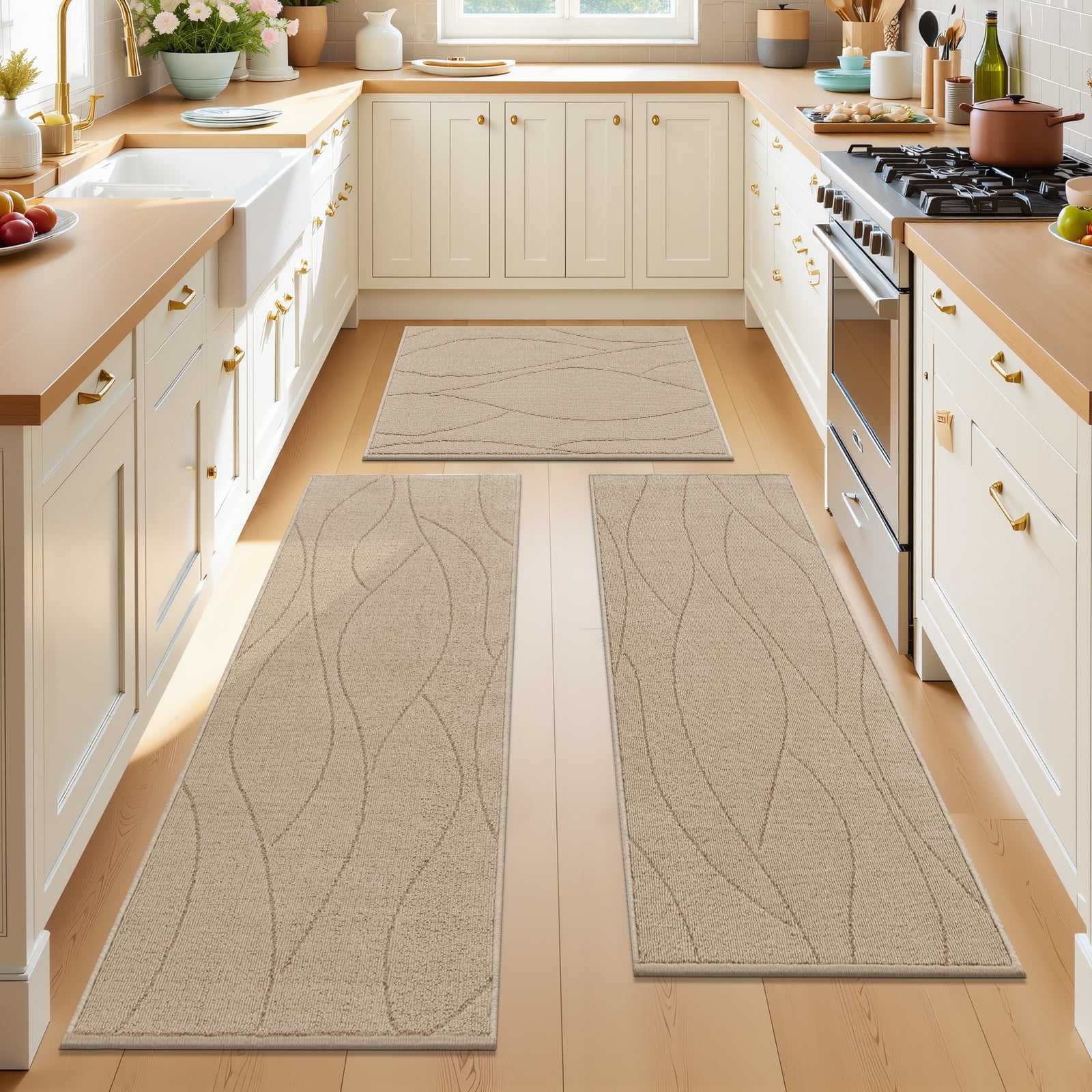 MeyJey Geometric Lines Kitchen Rugs Sets of 3, Non Slip Washable Kitchen Mats for Floor, Beige