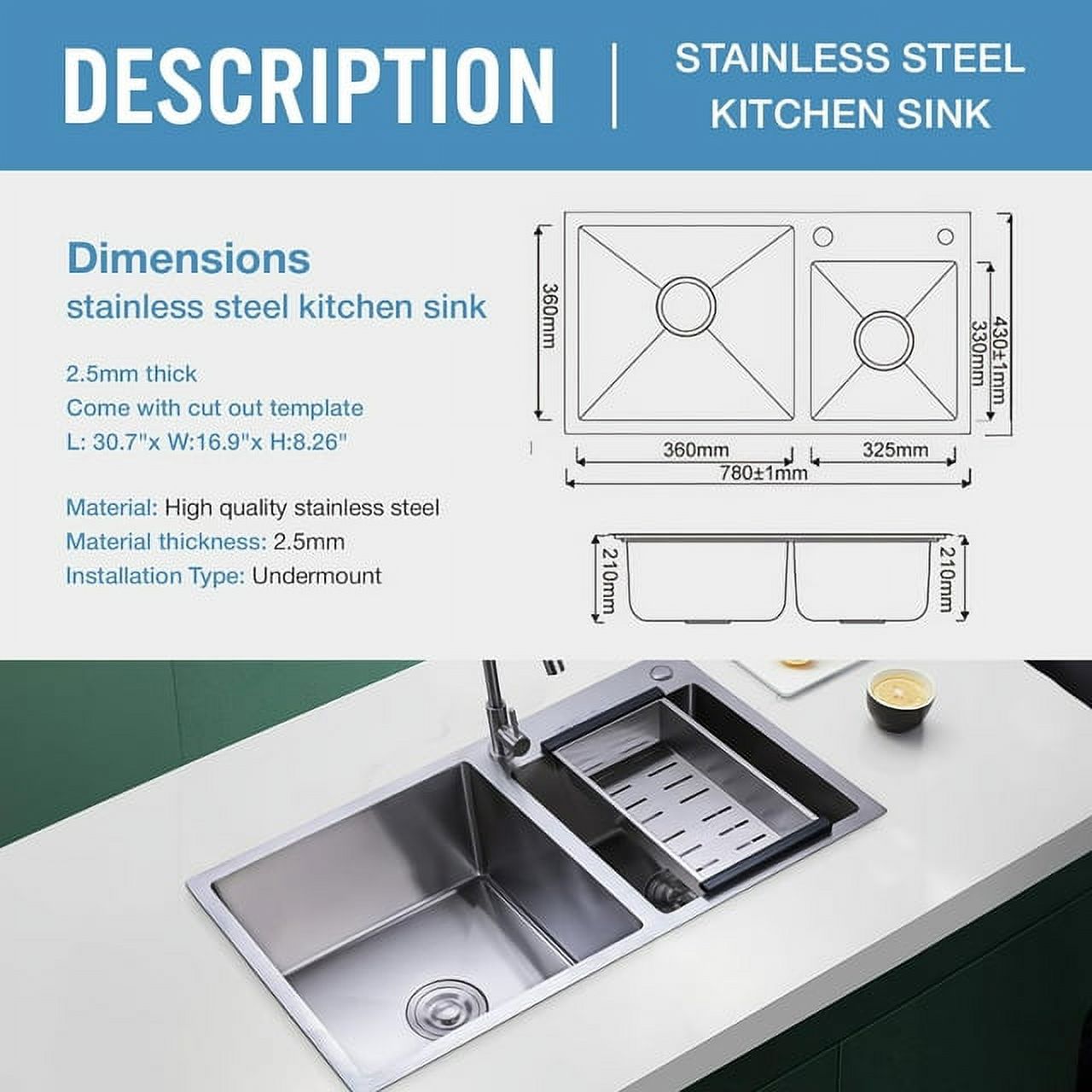 Hozodo Kitchen Sink Drip-in Stainless Steel Sink Double Bowls 30.7" x16.9"