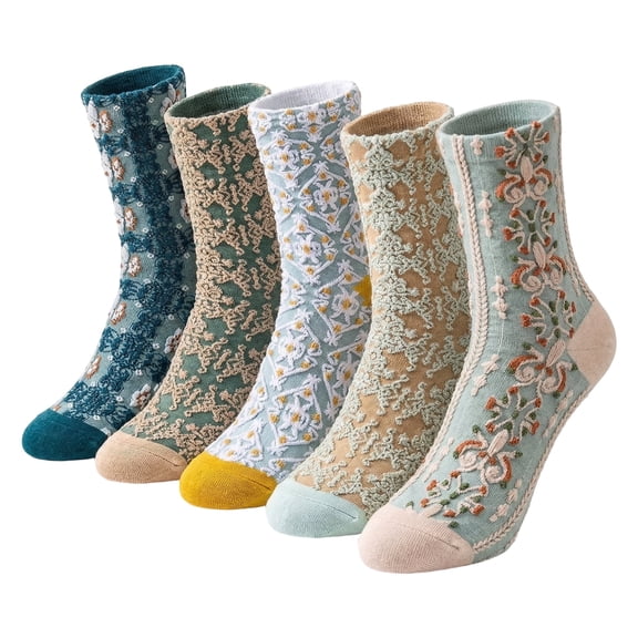 Kicpot 5-Pairs Socks Colored Crew Socks Checkered Socks Elegant Vintage Floral Ruffled Sock