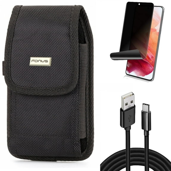 Case Belt Clip w 10ft USB Cable w Privacy Screen Protector for Samsung Galaxy S21 Plus - Swivel Holster, Type-C Charger Cord, TPU Film Fingerprint Works Accessory Bundle