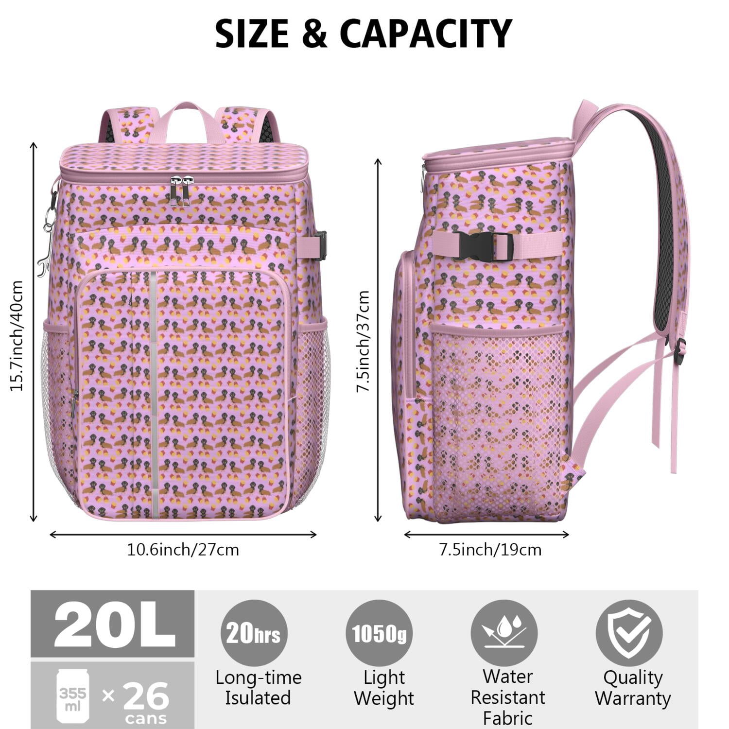Travel Cooler Bag - Pink Dachshund Chips Camping Beer Cooler Backpack with Bottle Opener- Waterproof Insulated Picnic Backpacks - Cooler Bag for Beach