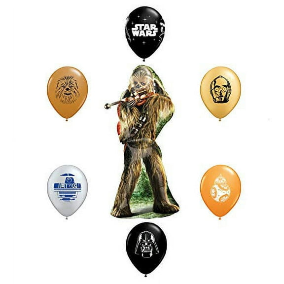 36" Chewbacca Foil Balloon and 6pc Star Wars 11" Character Print Latex Balloons Chewbacca, Darth Vader, C3PO, R2D2, BB8, Yoda