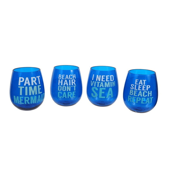 SeaLife Acrylic Beach Sayings Stemless Wine Glass Set of 4