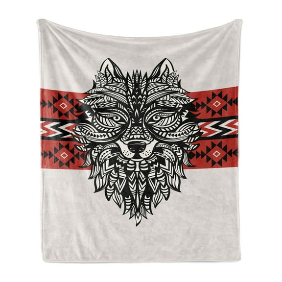 Wolf Soft Flannel Fleece Throw Blanket, Tattoo Style Totem Style Animal Face with Swirls Geometric Triangle Motifs, Cozy Plush for Indoor and Outdoor Use, 60" x 80", Red Black Cream, by Ambesonne