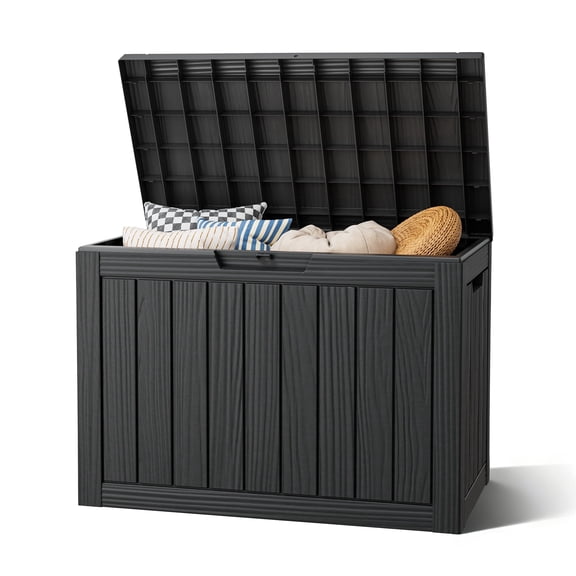 Nihsuao 45-Gallon Outdoor Deck Box, Resin Wood-Grain Storage Box with Seat, Waterproof and UV Resistant for Garden Tools, Supplies, Toys, Black