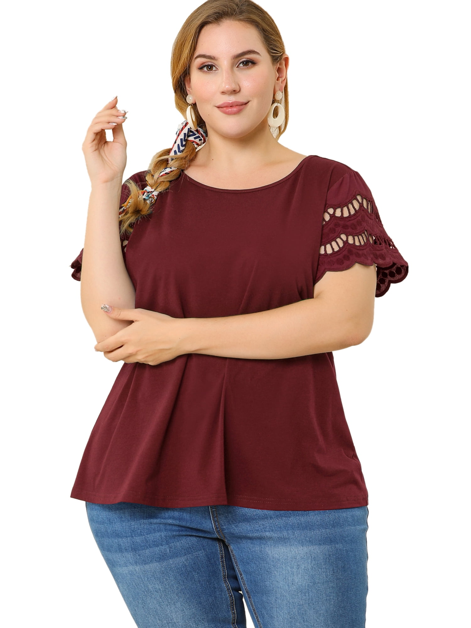 DARING DIVA Women's Plus Size Round Neck Lace Panel Blouses L Wine Red