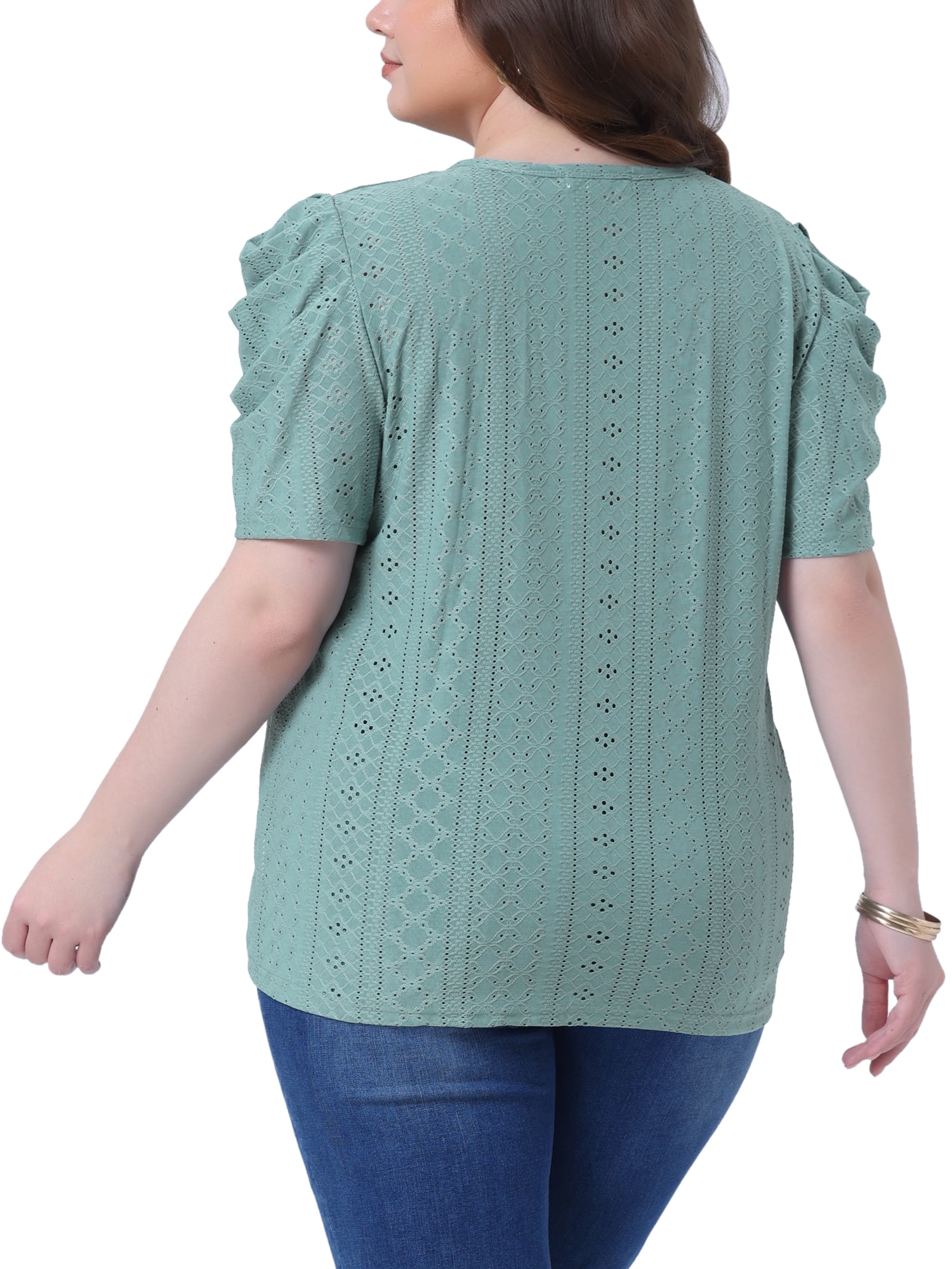 DARING DIVA Women's Plus Eyelet Embroidery Puff Sleeve Crew Neck Blouse 1X Green