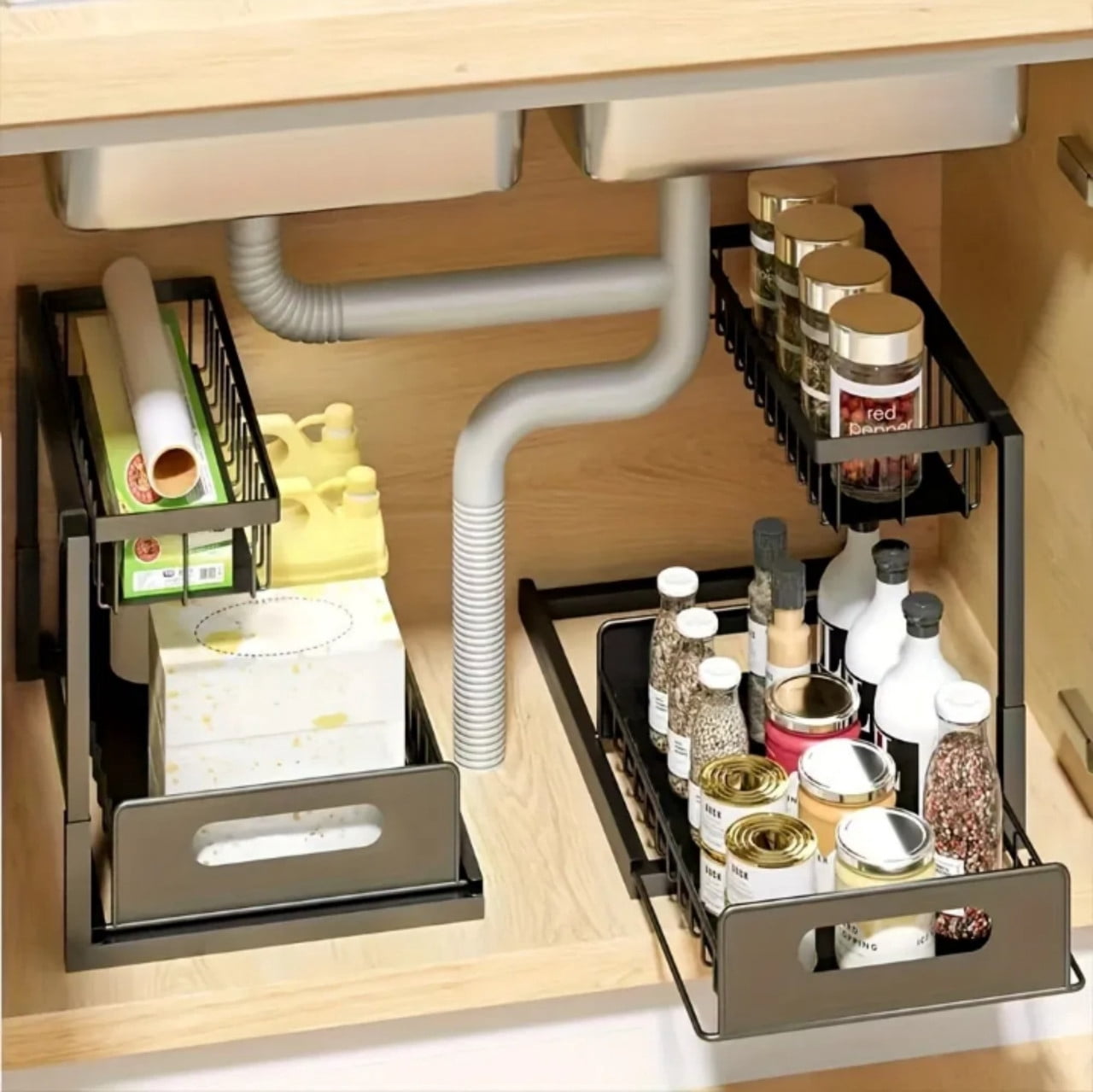 Under Sink Organizers Storage, 2 Tier Under Cabinet Organizer Shelf, Pull Out Kitchen Bathroom Sink Organizer Storage Organization, 2 Pack