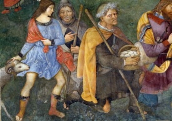 Detail from Adoration of the Shepherds by Bernardino di Betto fresco (Circa 14541513) Italy Perugia Province Spello Church of Santa Maria Maggiore Baglioni Chapel Canvas Art - Bernardino di Bet