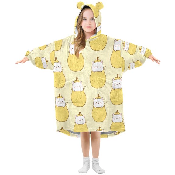 Kids Wearable Blanket Hoodie with 2 Pockets Pear and Kitten Oversize Blankets Sweatshirt for Children Small