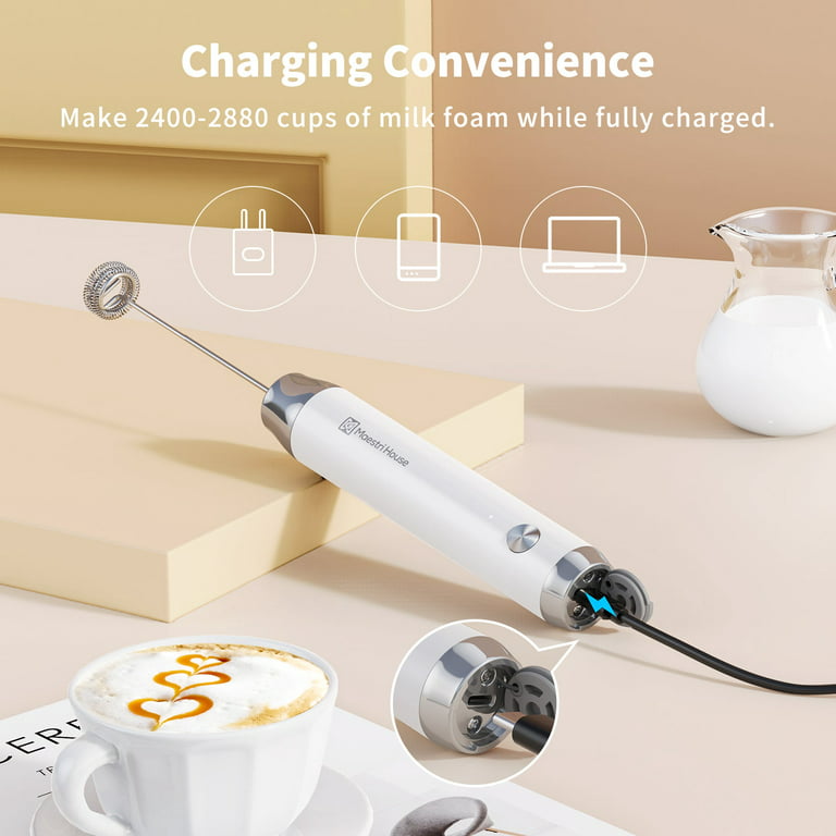 Maestri House Electric Milk Frother Handheld Rechargeable Foam Maker for  Coffee Latte Drink Mixer with 2Pcs Whisks & 1Pcs Stand, White