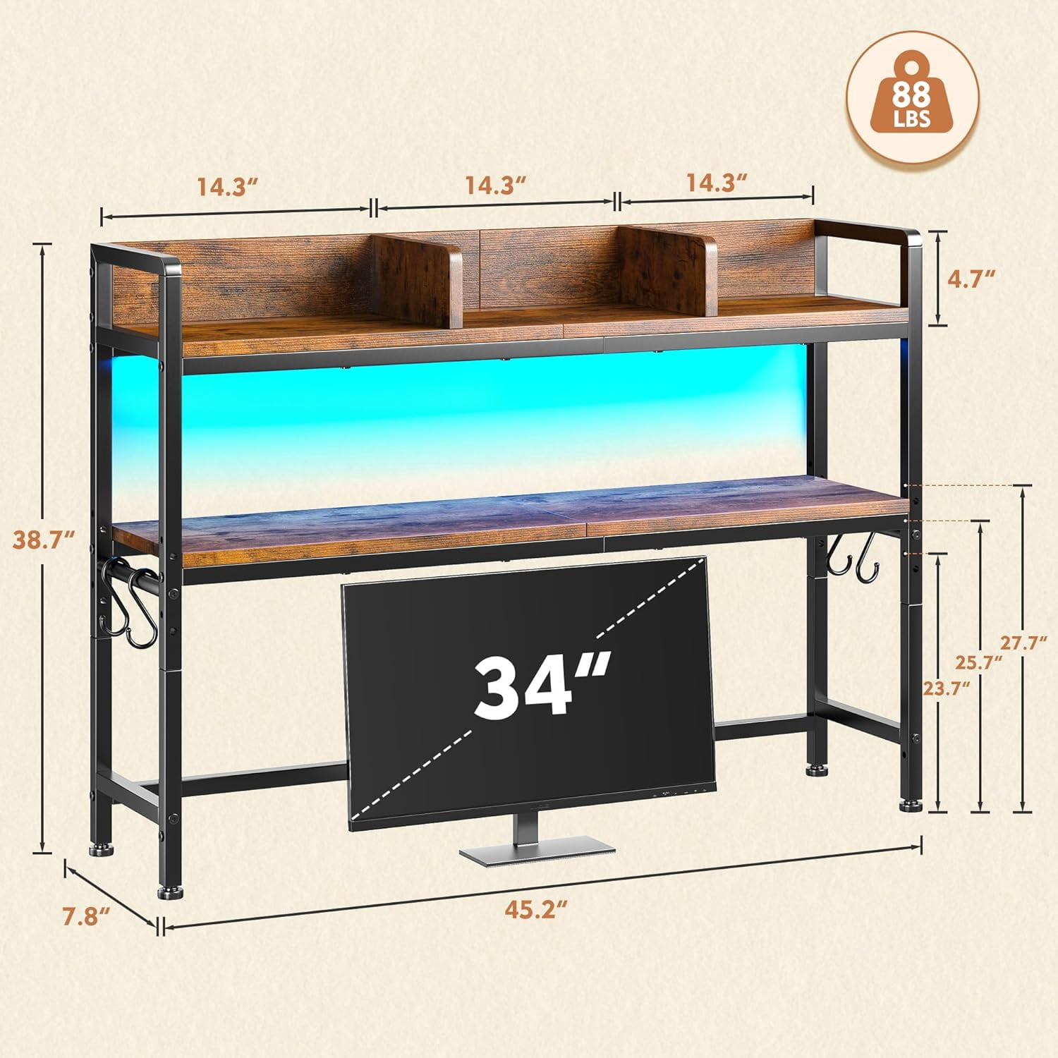 SONGMY 45.2" Desk Shelf，2-Tier Adjustable Multipurpose Solid Wood Desktop Hutch Shelf，Countertop Storage Organizer Rack with 3 Desktop Display Rack for Dorm,Office Home,Rustic Brown