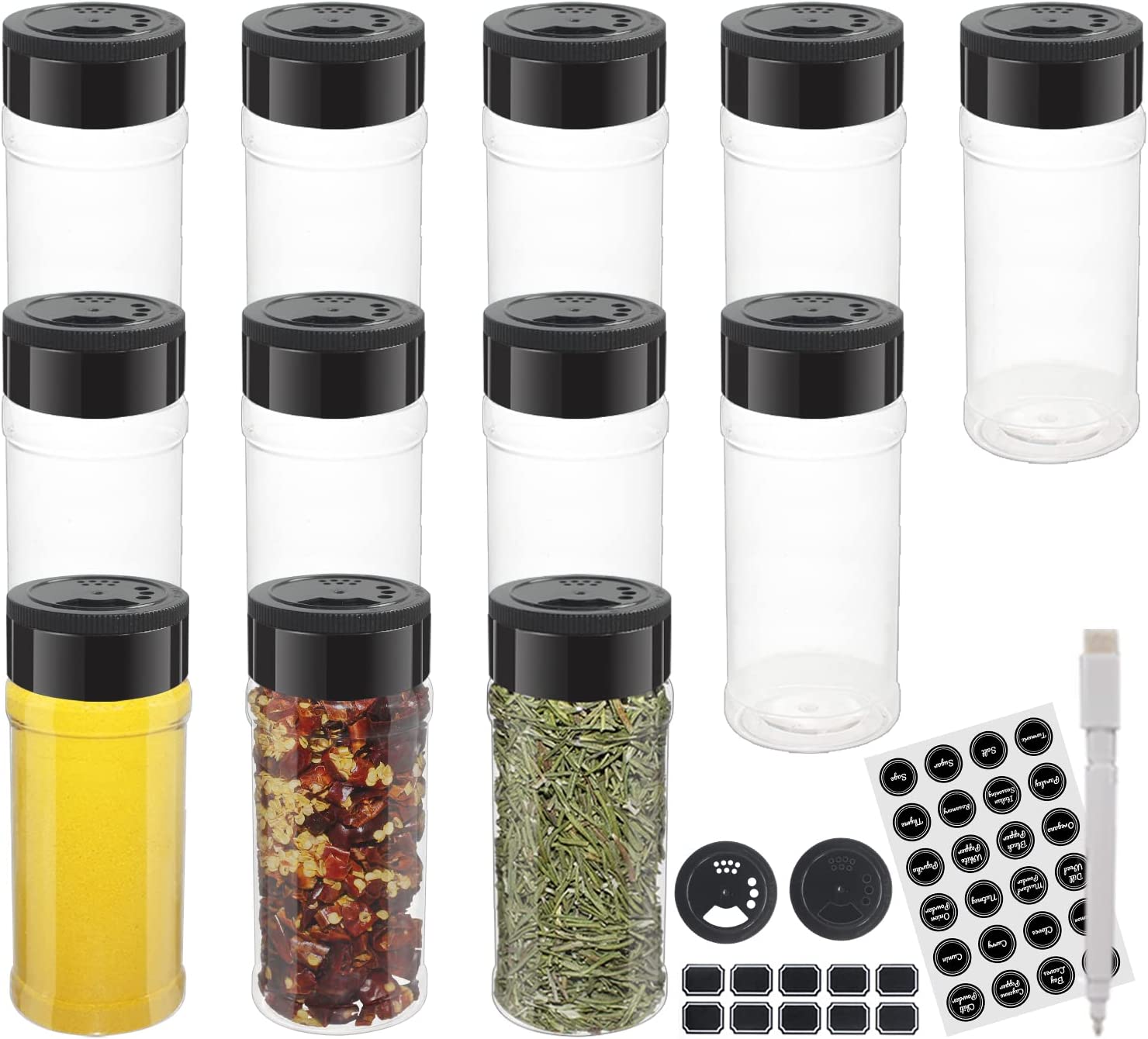 12 Pack 7oz Clear Plastic Spice Jars With Black Plastic Lids. Spice