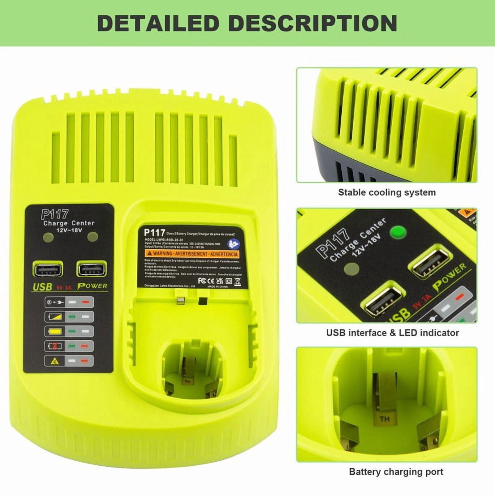 Replacement Ryobi P117 P118 P119 Dual Chemistry Charger Li-ion & Ni-cad Ni-Mh Battery Charger 12V 18V MAX for Ryobi One+ Plus Battery 1400670 P122 P161 P162 P164 P189 P190 P191 P192 P193 P194 P197