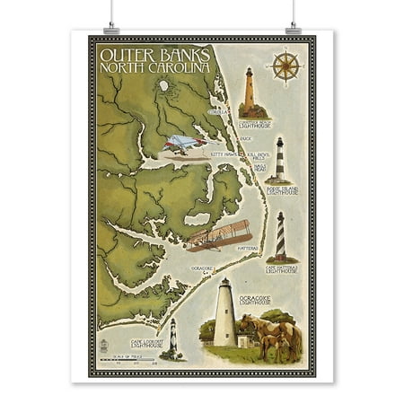 Outer Banks, North Carolina - Lighthouse & Town Map - Lantern Press Artwork (9x12 Art Print, Wall Decor Travel