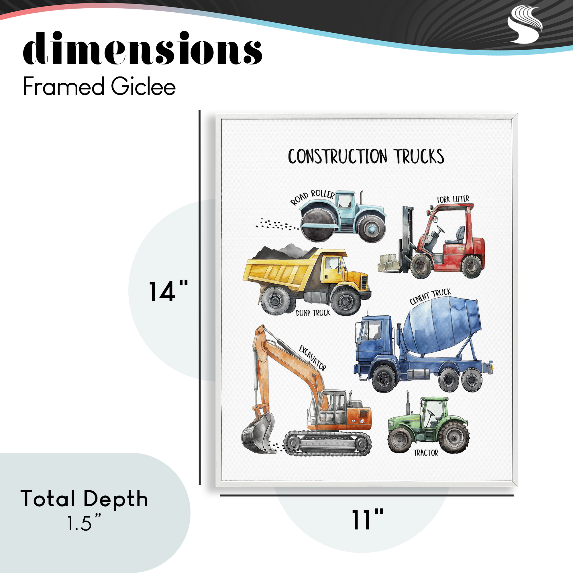 Construction Trucks Machinery White Framed Giclee Art, design by Christine Simpson Art