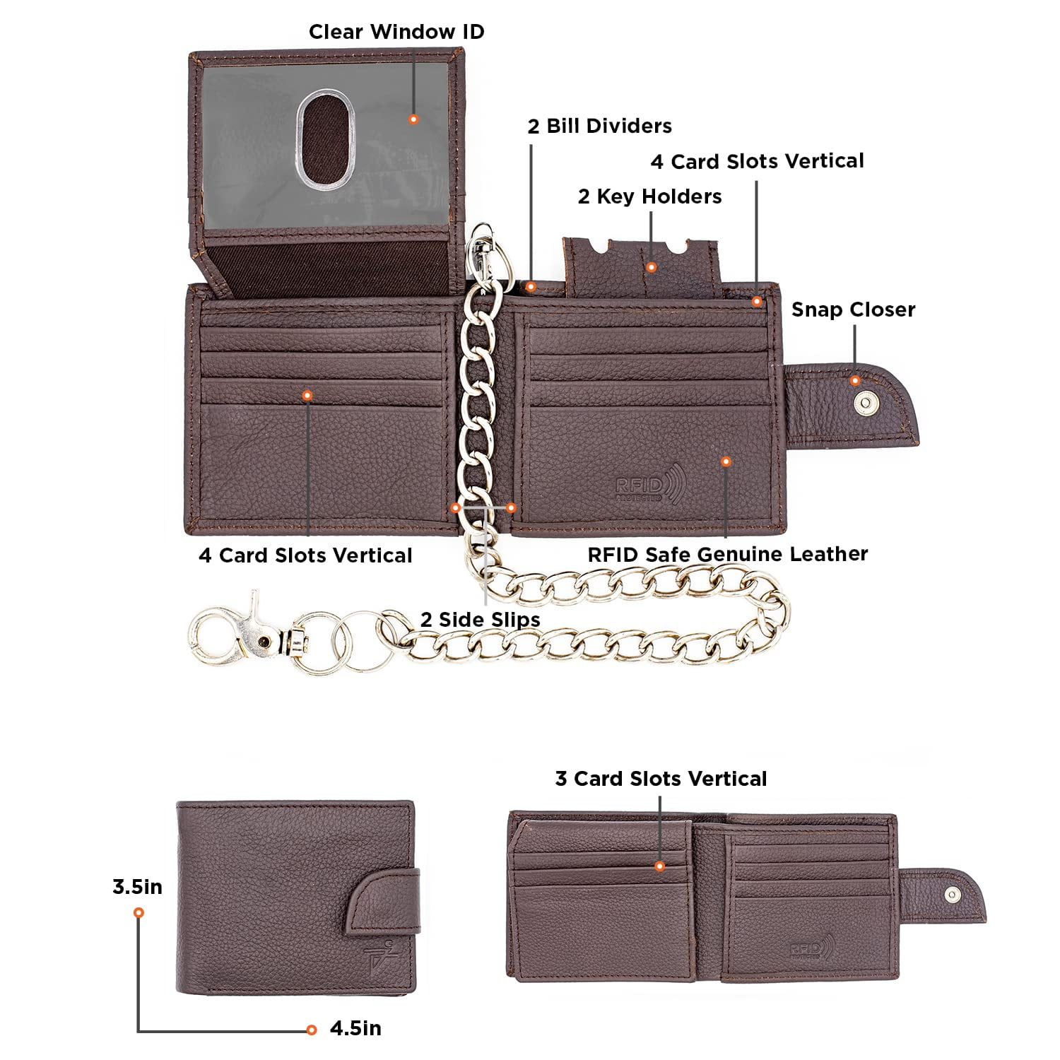 RFID safe Leather Bi-fold Chain Wallet for Men 18' Inch Stainless