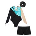 thumbnail image 4 of Alvivi Kids Girls Rhinestone Mesh Long Sleeve Gymnastics Leotard Skating Jumpsuit with Shorts Hair Band Turquoise&Black 6, 4 of 5