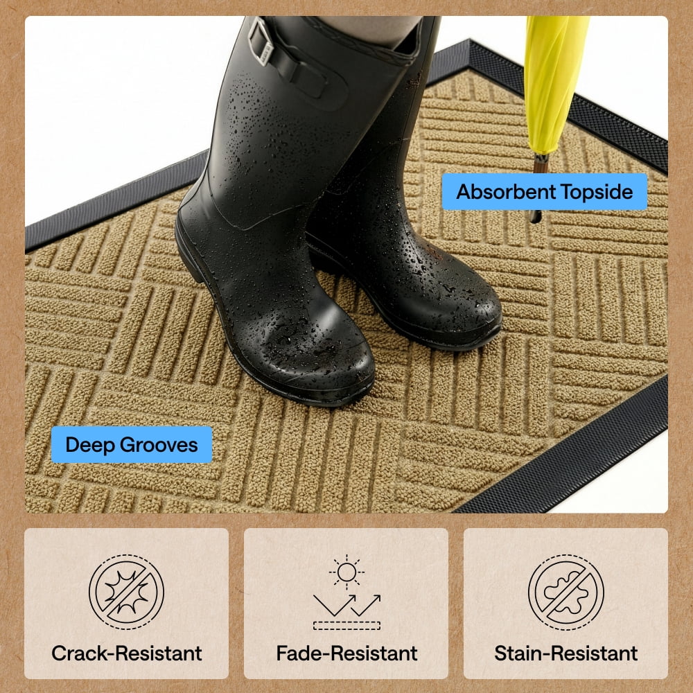 GORILLA GRIP Outside Doormat, WeatherMax Waterproof Indoor Outdoor Door Mat, 29x17 Beige Diamond