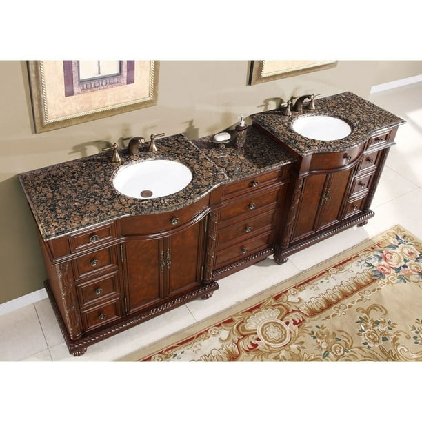 Silkroad Exclusive English Chestnut 90 Inch Stone Top Double Sink Bathroom Vanity Baltic Brown Granite Top Walmart Com Walmart Com