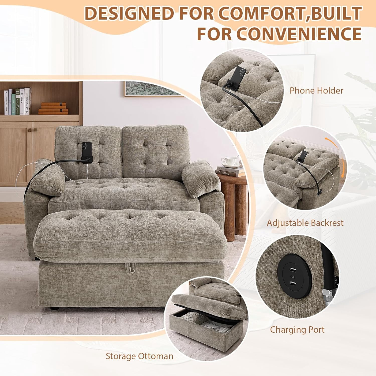 MOONMISS Oversized Chaise Lounge Chair Indoor with Ottoman&Adjustable Backrest,Chenille Tufted Recliner Sofa Chair with USB&Phone Holder,Convertible Sleeper Couch Bed for Living Room,Brown