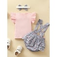 thumbnail image 4 of Qmyliery Baby Girls Three Pieces Clothes Outfit, Round Neck Fly Sleeve Tops + Milk Cow Printed Suspender Shorts + Headband,3 -24 Months, 4 of 9