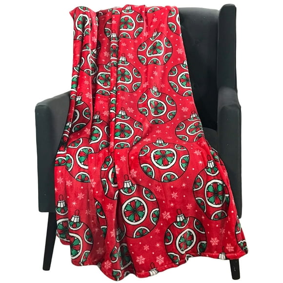 Serafina Home Christmas Holiday Throw Blanket: Velvelty Soft, Durable Fleece Accent for Bed or Couch (Ornaments on Red, 50 x 60 inches)
