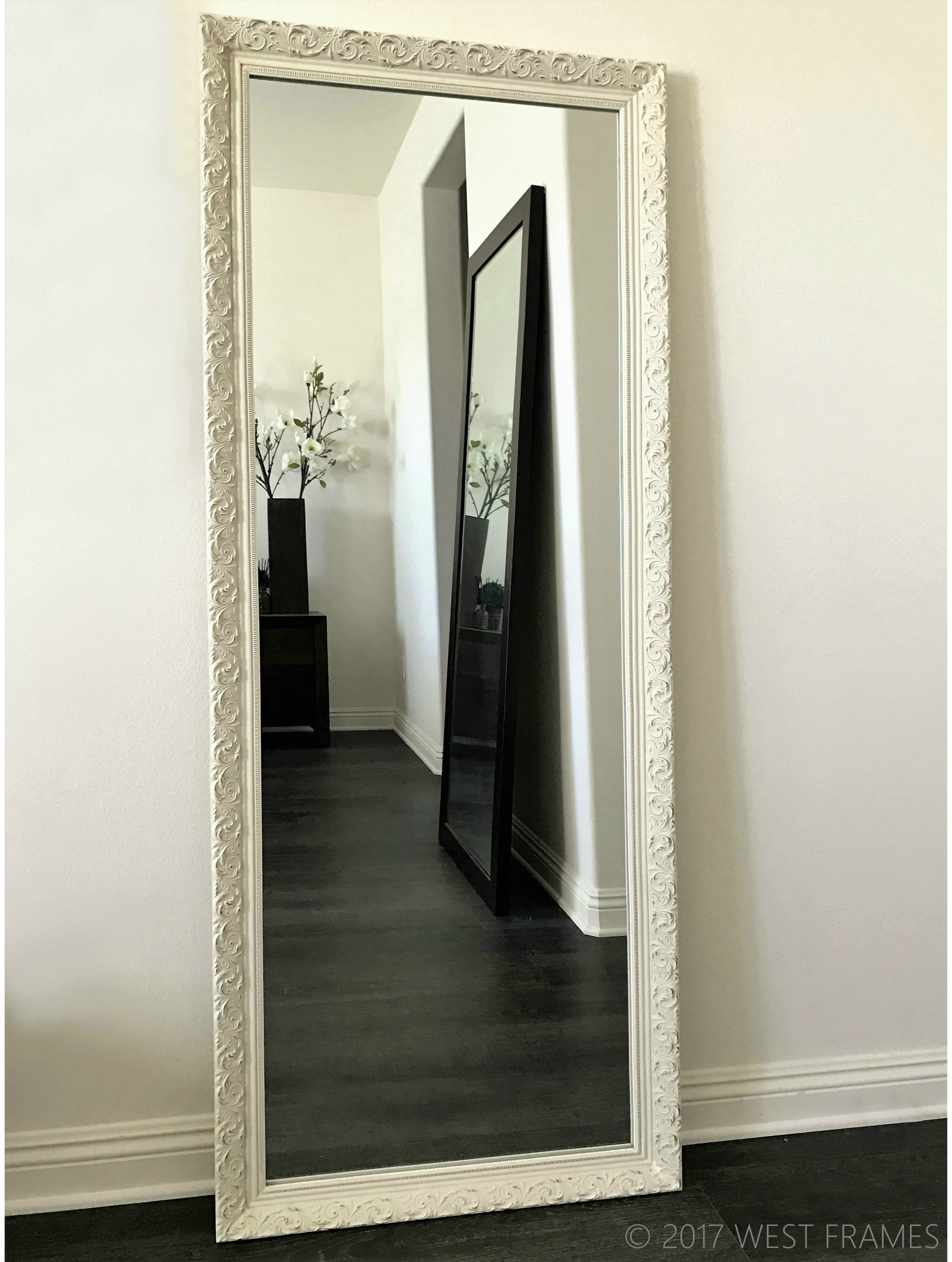 West Frames Bella Ornate Embossed Antique White Wood Framed Leaner Mirror