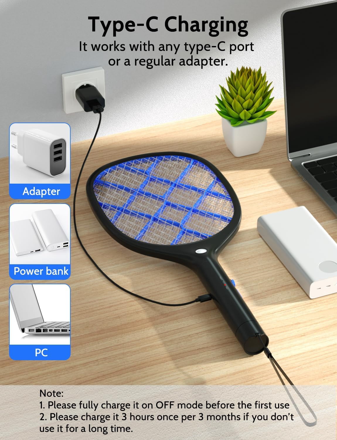 Electric Fly Swatter Bug Zapper Racket 4000V Rechargeable Mosquito Killer with LED Light for Indoor Home Office Backyard Patio Camping (Black Blue 2 Pack)