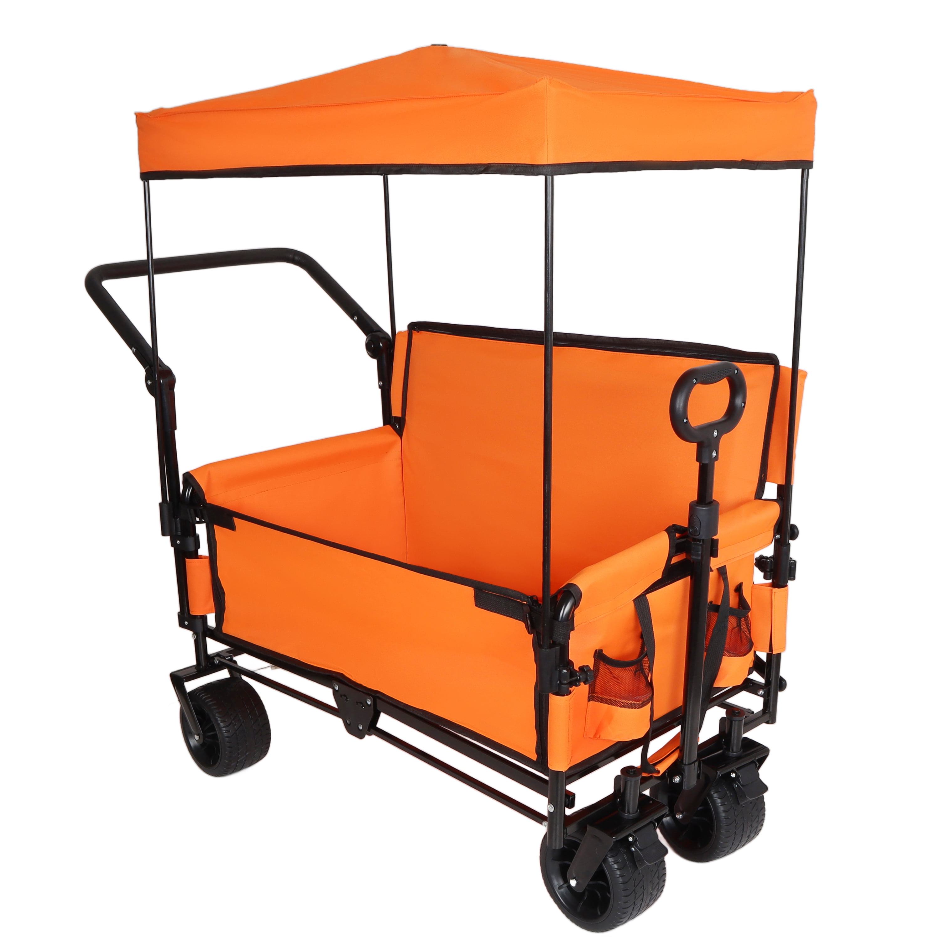 JXXRZ Folding Wagon with Seat & Canopy, 500lbs Heavy Duty All-Terrain Beach Cart, Orange