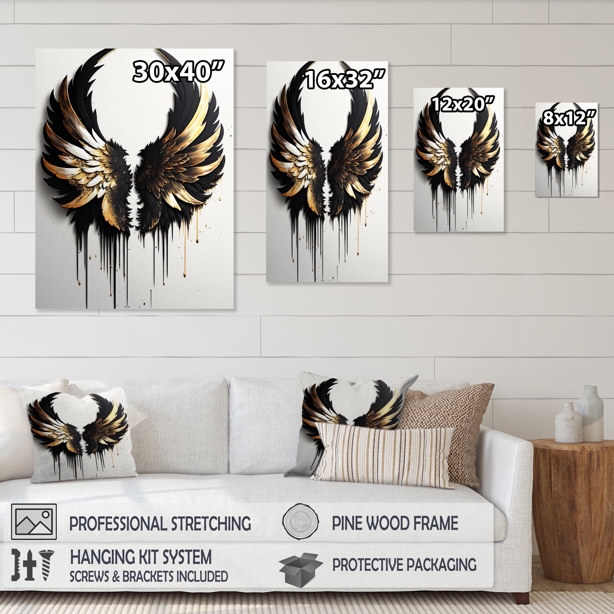 Designart Black Silver And Gold Angel Wings III Canvas Wall Art