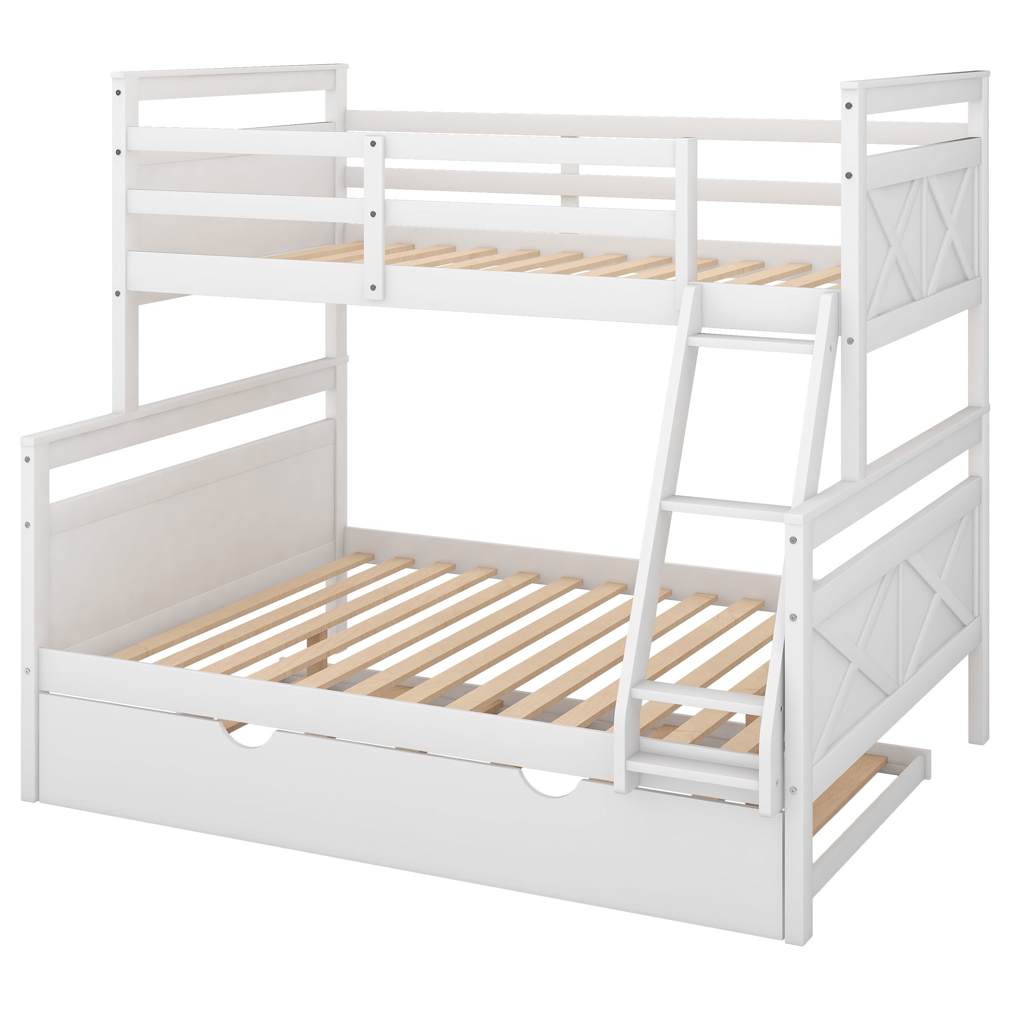 Euroco Wood Twin over Full Bunk Bed with Trundle for Kids Teens & Adults for Bedrooms, White